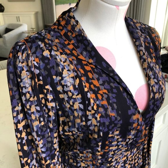 Reiss Esmerelda-Coco Moon Print Deep V Nk Mini Dress Navy Burnt Org Tan Sz 6 NWT - Picture 6 of 16
